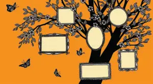 illustration of picture frames hanging from a tree