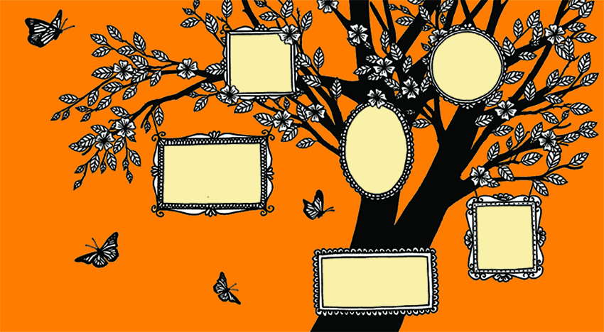 illustration of picture frames hanging from a tree