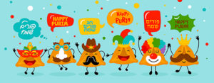 illustration of hamantaschen with faces dancing around